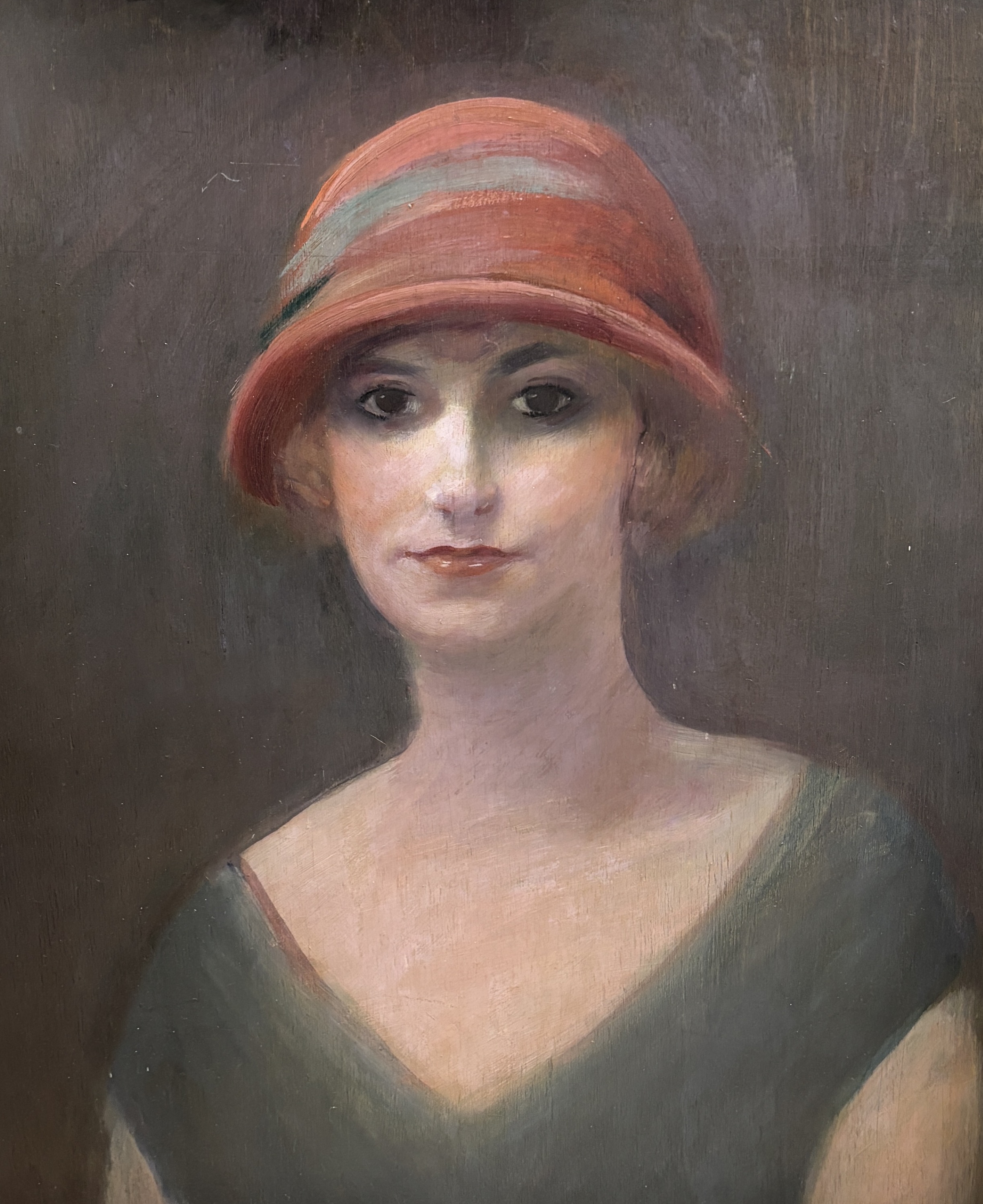 Oil on board, possibly Danish, Head and shoulders portrait of an Art Deco woman, 59 x 50cm